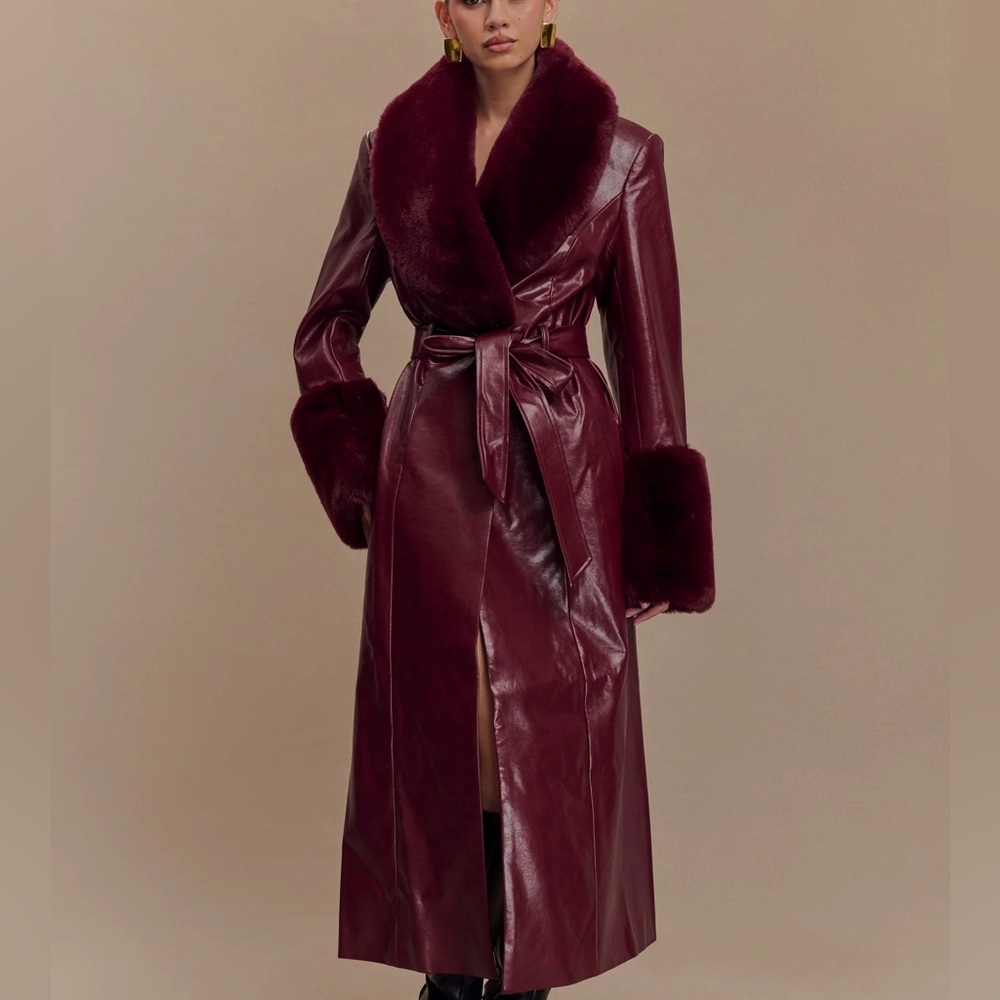 Meshki - BEC Faux Leather Trench Coat With Faux Fur (Cherry Red)